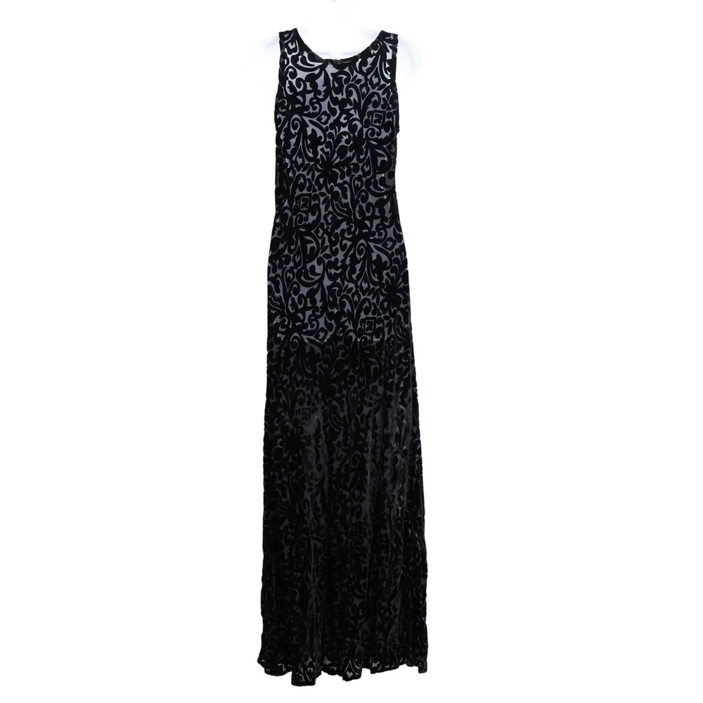 Sarah Campbell Black Burnout Velvet Damask Maxi Dress Womens L Gown Formal Boho - Picture 3 of 16